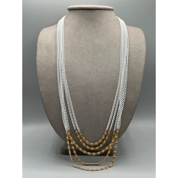 Vintage Signed Monet Multi Chain Necklace White Enamel & Gold Tone 80s Jewelry - Picture 3 of 10